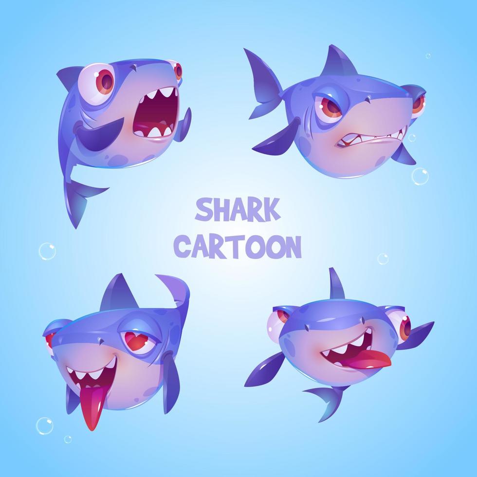 lindo personaje de dibujos animados de tiburones, mascota divertida de peces vector