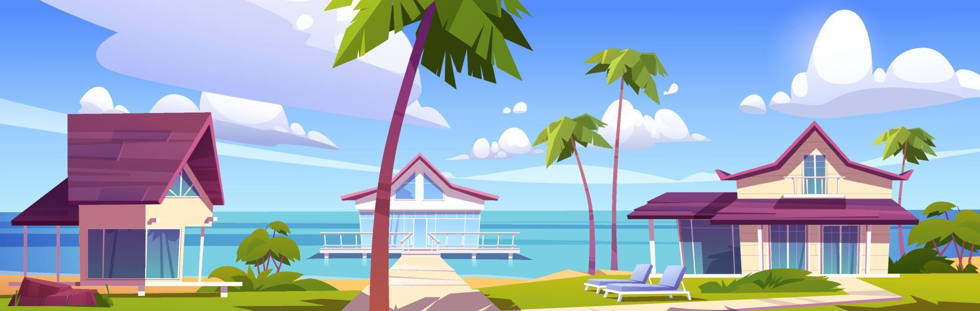 Modern bungalows on island resort beach, seaside vector