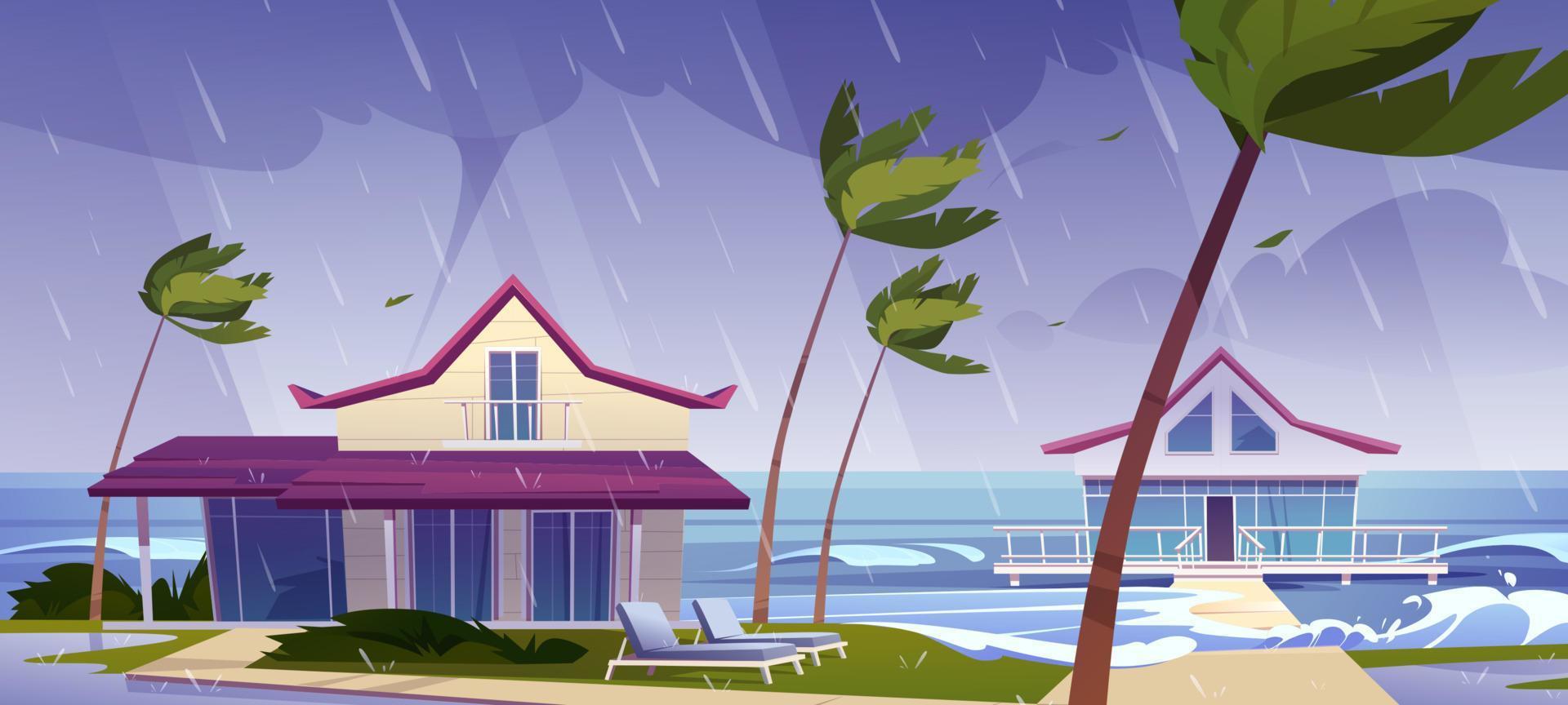 tormenta de mar y lluvia en la playa con bungalows vector