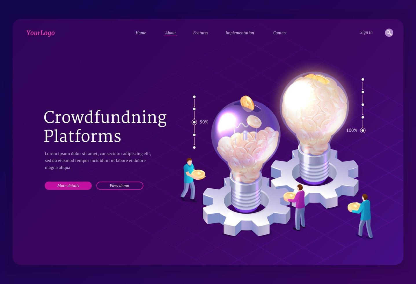 Crowdfunding platforms isometric landing, idea vector