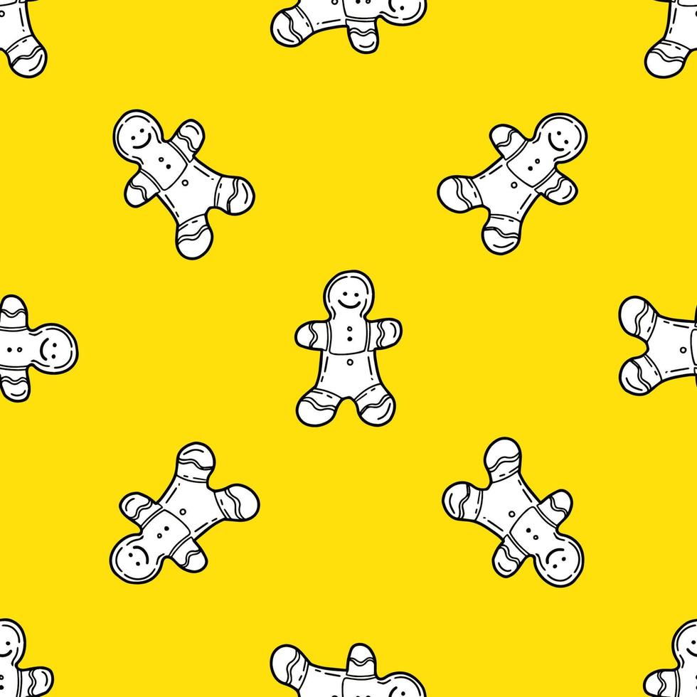 Seamless pattern with Traditional Christmas gingerbread man cookie in doodle style on yellow color background vector