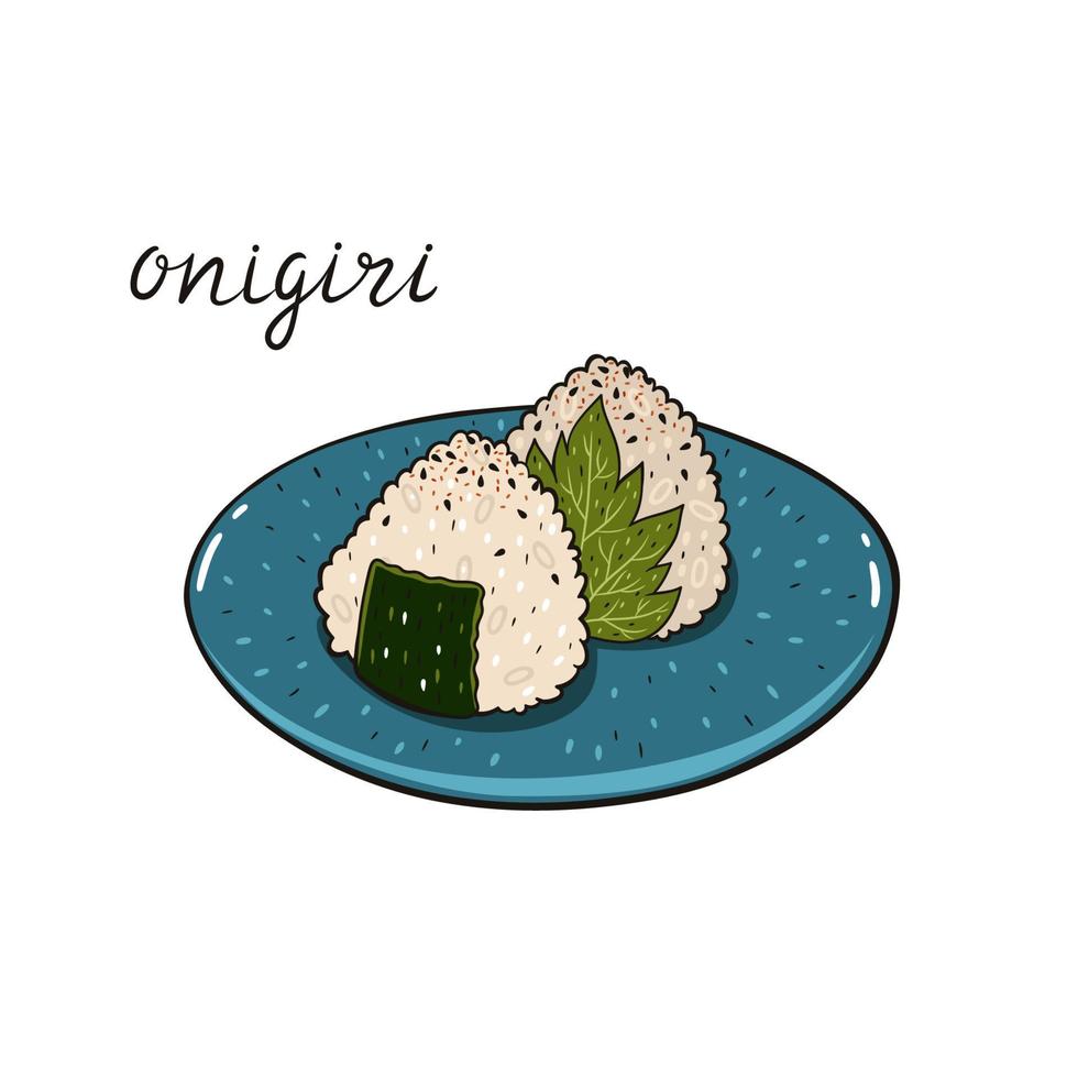 Japanese cuisine dish onigiri on a plate isolated on white background. Vector graphics.