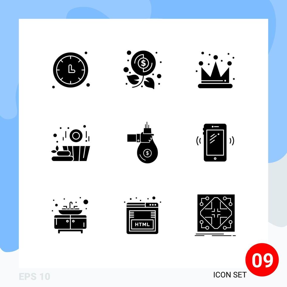 9 User Interface Solid Glyph Pack of modern Signs and Symbols of give bag profit basket sauna Editable Vector Design Elements