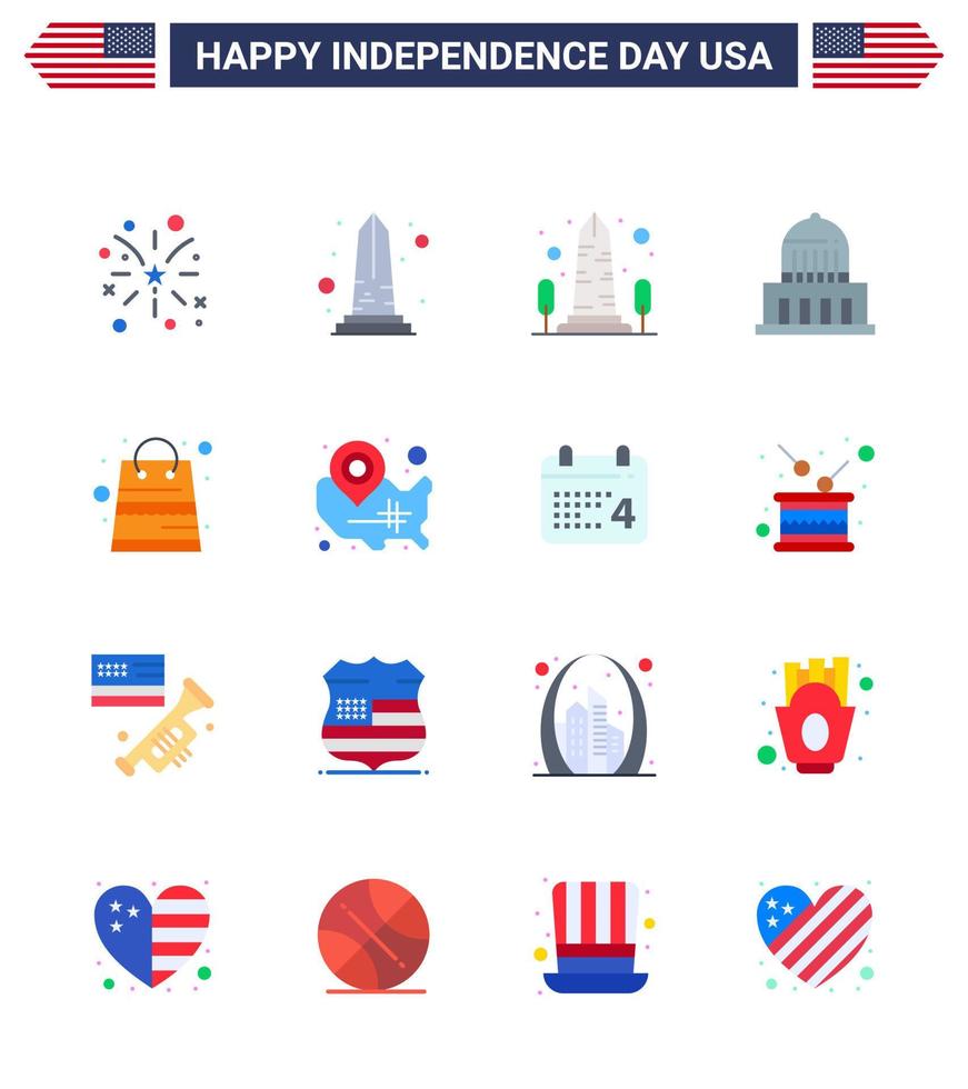Big Pack of 16 USA Happy Independence Day USA Vector Flats and Editable Symbols of map packages washington money usa Editable USA Day Vector Design Elements