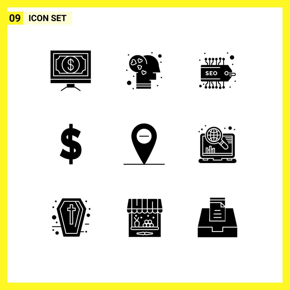 Mobile Interface Solid Glyph Set of 9 Pictograms of internet minus love money currency Editable Vector Design Elements