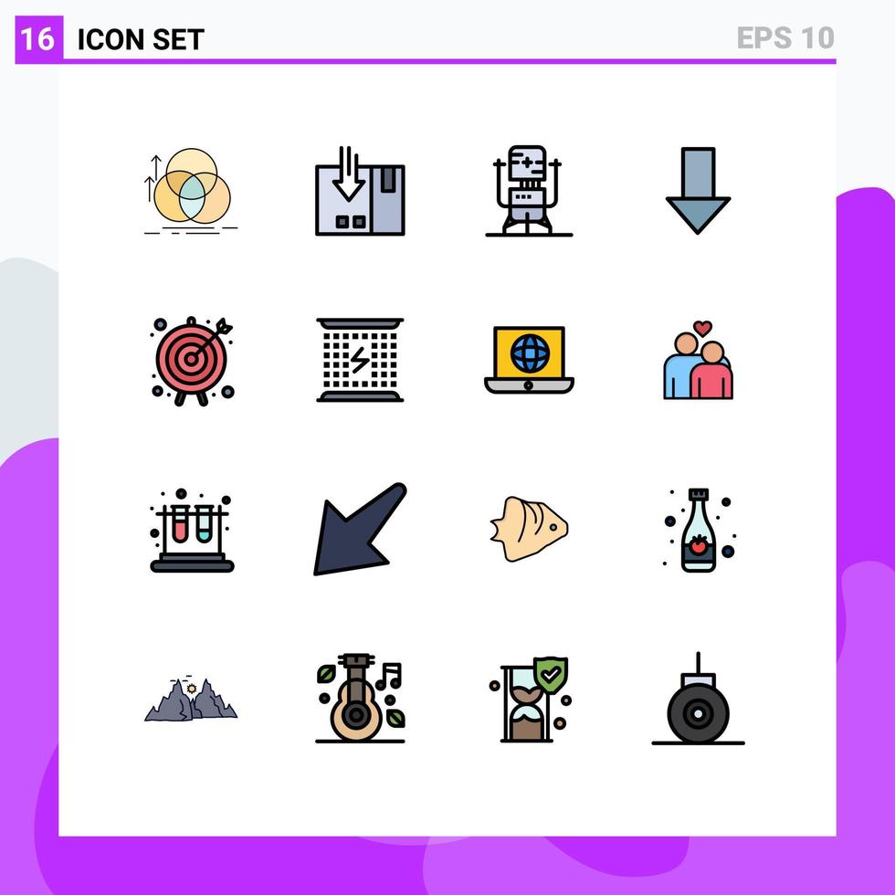 conjunto de líneas rellenas de color plano de interfaz móvil de 16 pictogramas de flecha hacia abajo que empaquetan elementos de diseño de vectores creativos editables para el futuro médico