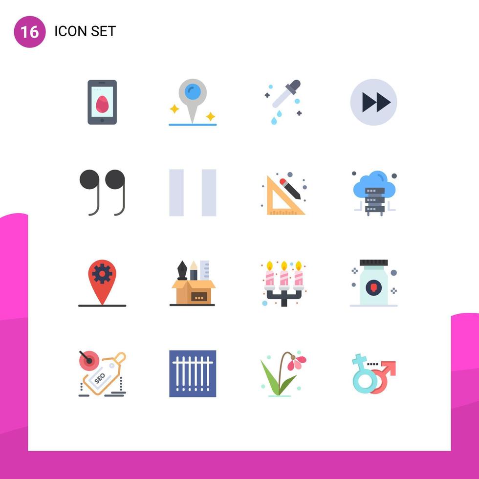 símbolo de icono universal grupo de 16 colores planos modernos de pausa cerrar pipeta flechas de música paquete editable de elementos creativos de diseño de vectores