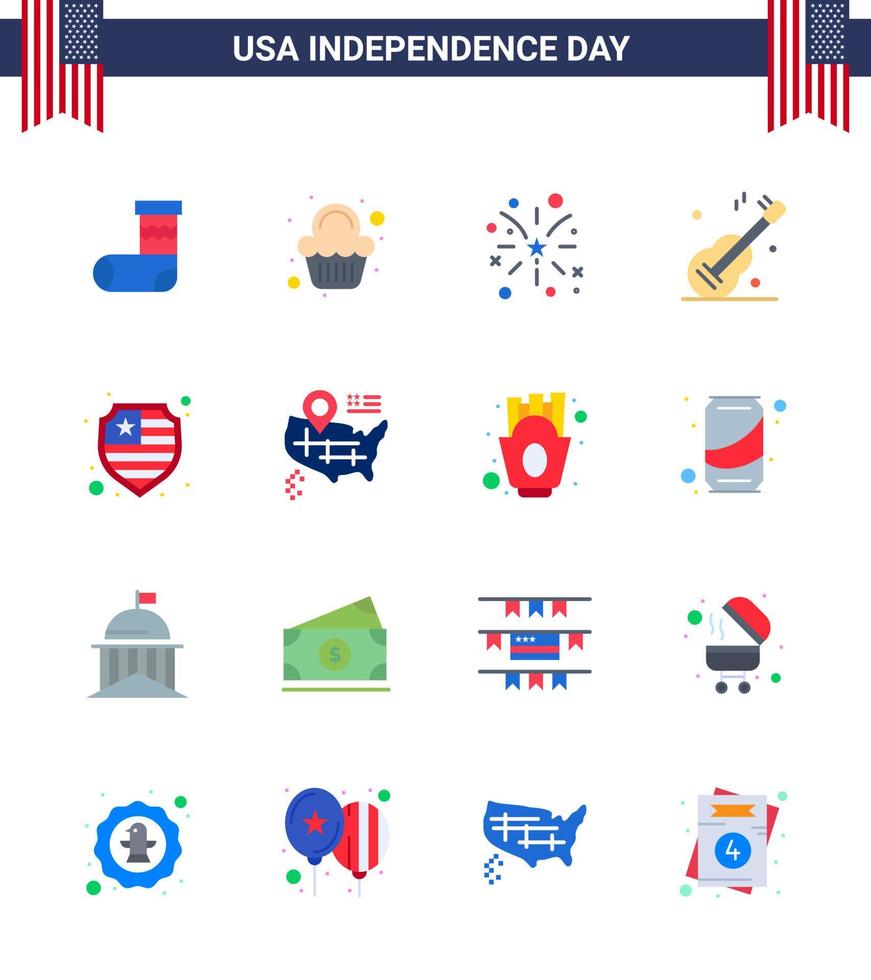 Group of 16 Flats Set for Independence day of United States of America such as protection american firework usa guiter Editable USA Day Vector Design Elements