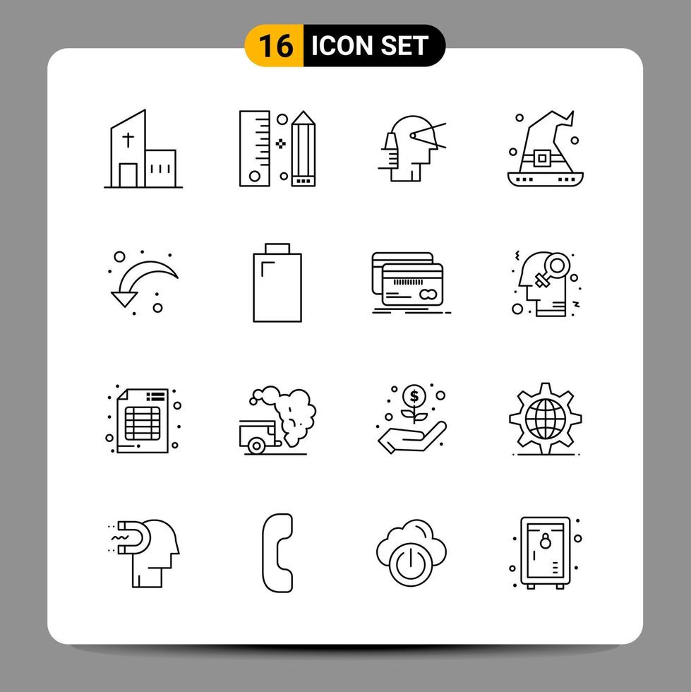 16 símbolos de contorno del paquete de iconos negros para diseños receptivos sobre fondo blanco. 16 iconos establecidos. vector