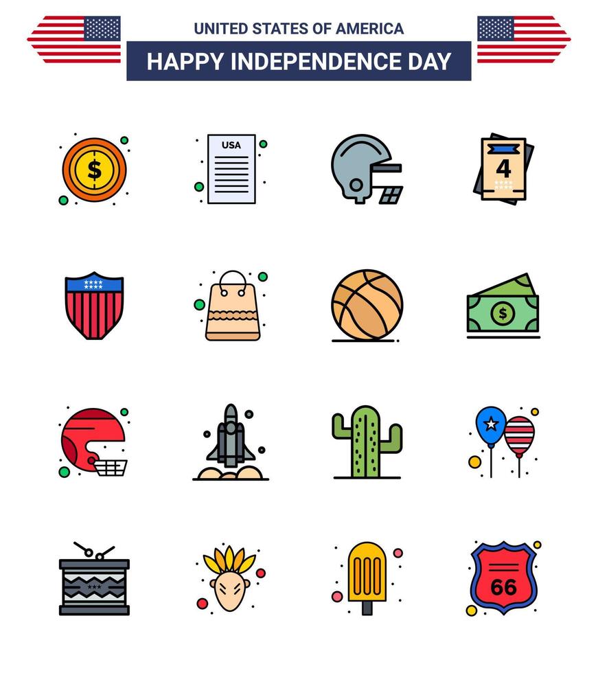 Modern Set of 16 Flat Filled Lines and symbols on USA Independence Day such as bag seurity football shield wedding Editable USA Day Vector Design Elements