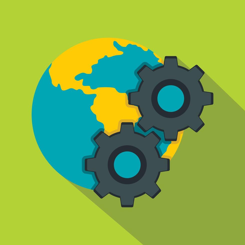 Earth and gears icon, flat style vector