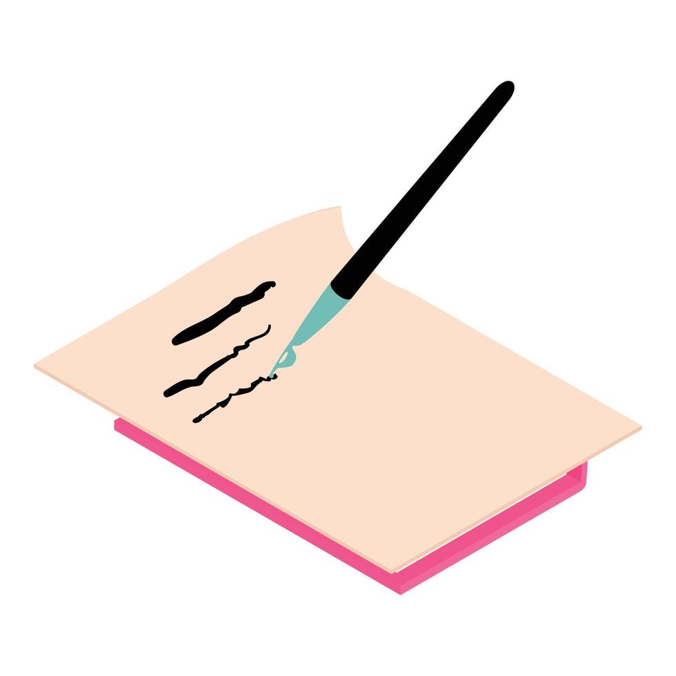 vector isométrico de icono de carta manuscrita. pluma estilográfica escribir en hoja de papel libro