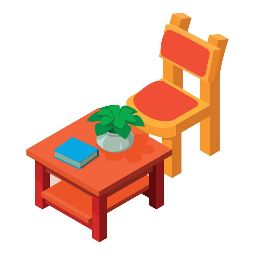 Interior element icon isometric vector. Coffee table with plant in pot and chair vector