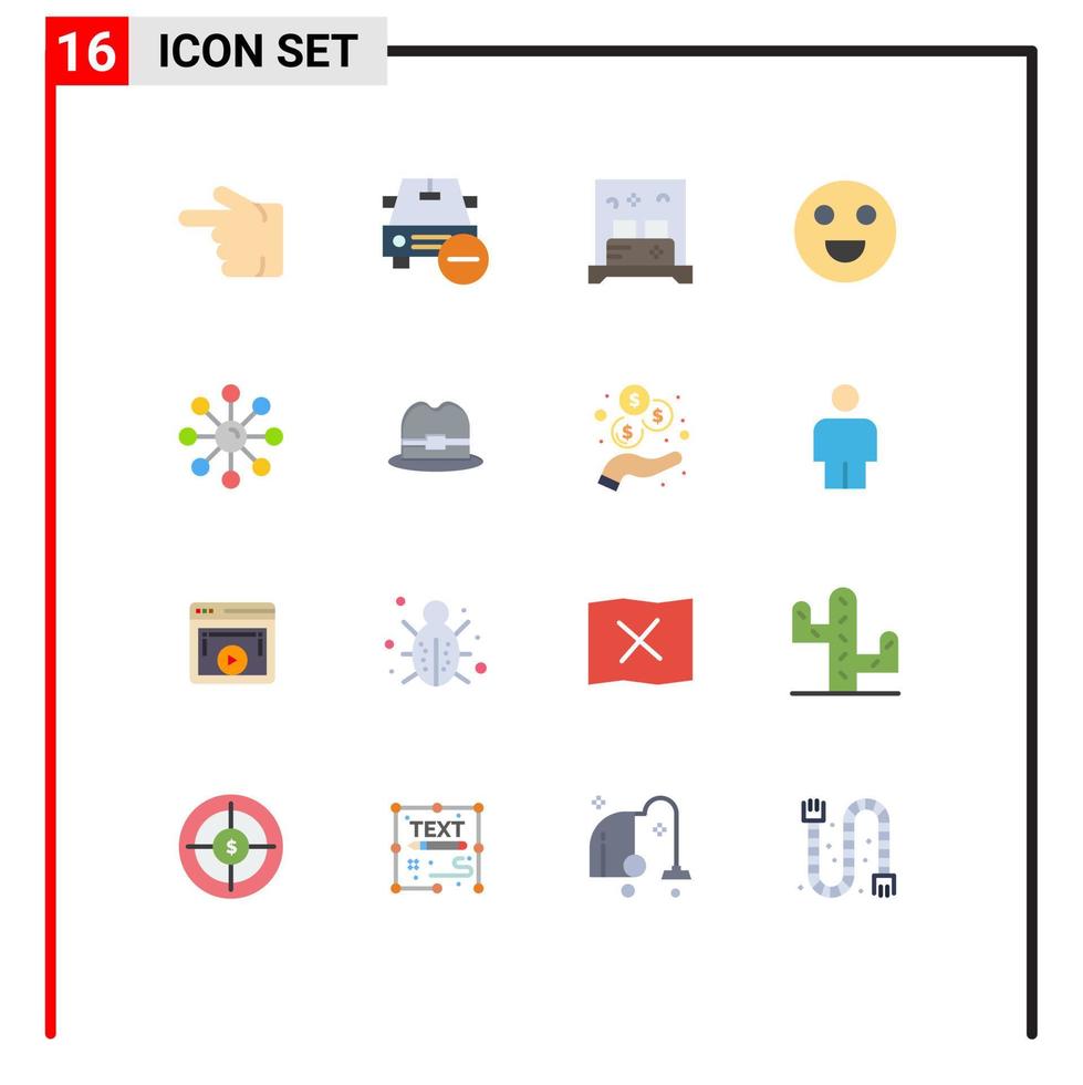 Pack of 16 Modern Flat Colors Signs and Symbols for Web Print Media such as skin happy vehicles face sleep Editable Pack of Creative Vector Design Elements