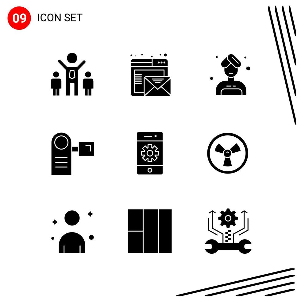 colección de 9 iconos vectoriales en estilo sólido símbolos de glifo perfecto de píxel para web y móvil signos de icono sólido sobre fondo blanco 9 iconos fondo de vector de icono negro creativo