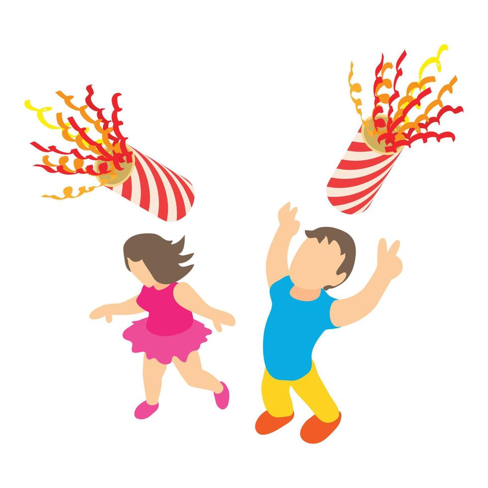 Fun people icon isometric vector. Dancing guy and girl with confetti popper icon vector