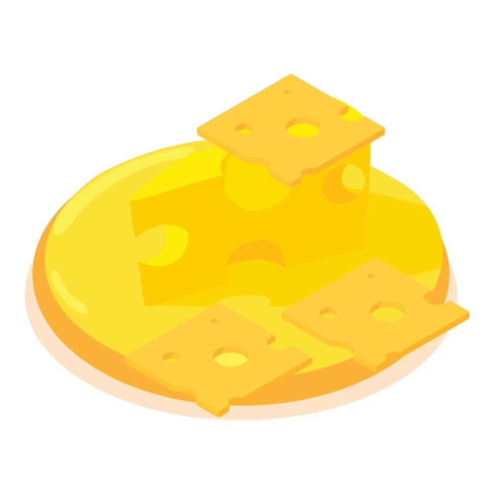 Cheesy pizza icon isometric vector. Fresh pizza with cheese on wooden plate icon vector