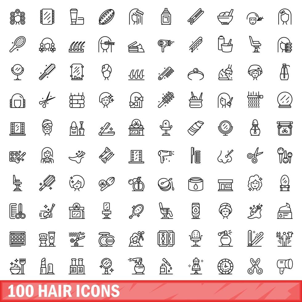 100 hair icons set, outline style vector