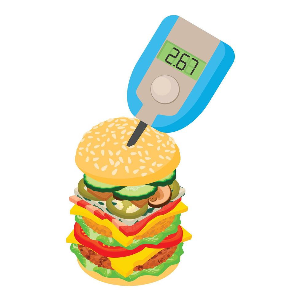 icono de prevención de diabetes vector isométrico. icono de hamburguesa y medidor de glucosa en sangre