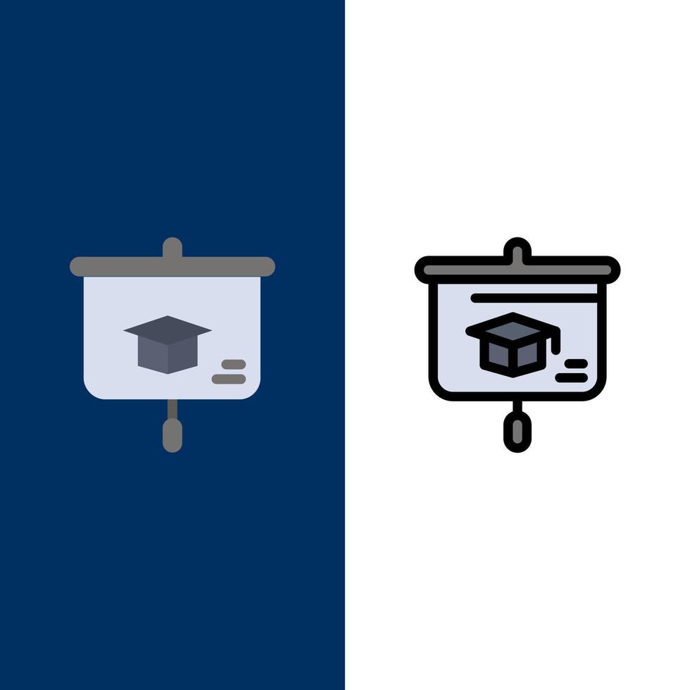 gráfico educación presentación escuela iconos plano y línea llena icono conjunto vector fondo azul