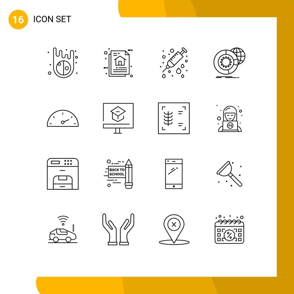 Pictogram Set of 16 Simple Outlines of gauge globe care analysis data Editable Vector Design Elements