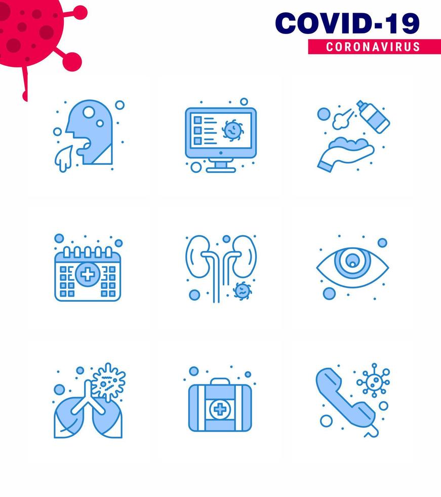 9 Blue viral Virus corona icon pack such as medical appointment virus washing hands spray viral coronavirus 2019nov disease Vector Design Elements