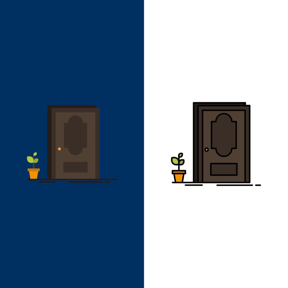puerta cerrada madera planta iconos plano y línea llena icono conjunto vector fondo azul