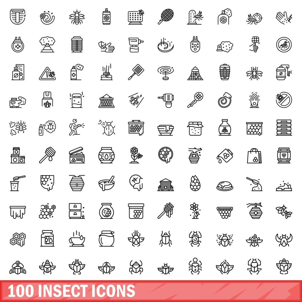 100 insect icons set, outline style vector