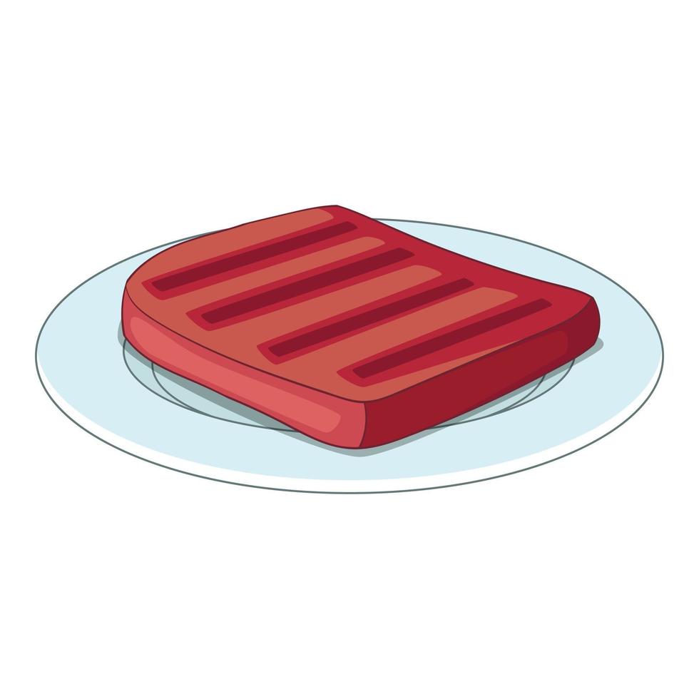 Beef steak on a plate icon, cartoon style vector