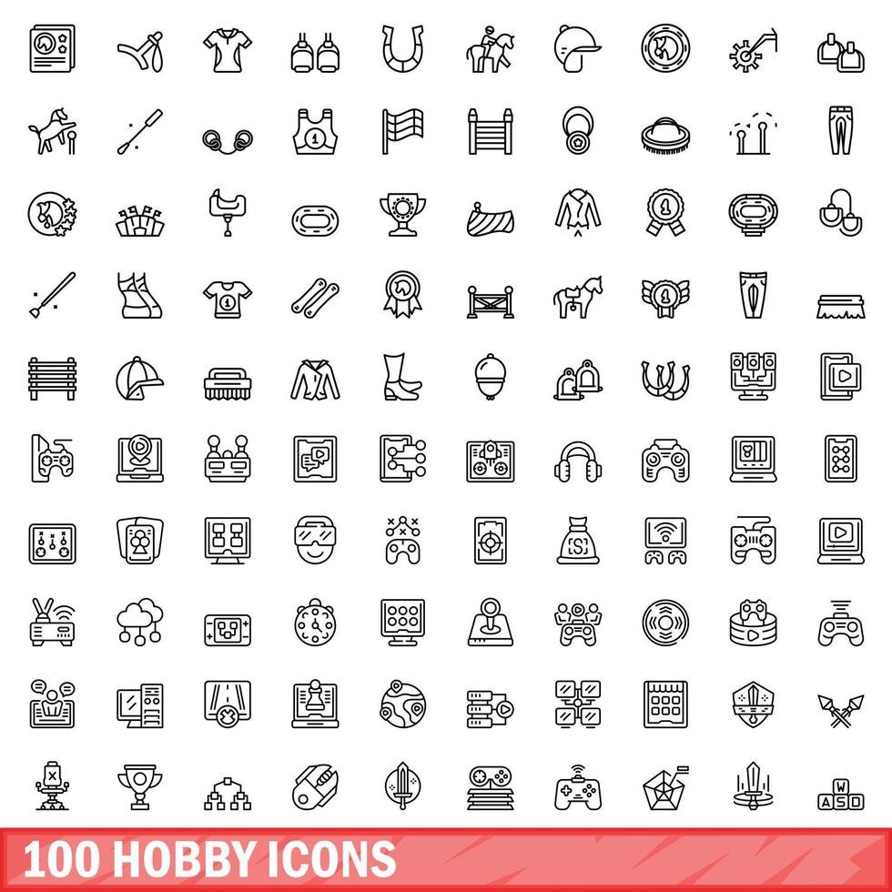 100 iconos de hobby, estilo de esquema vector