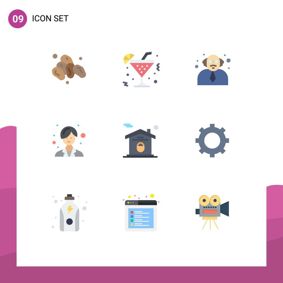 9 Thematic Vector Flat Colors and Editable Symbols of cog lock teacher house woman Editable Vector Design Elements