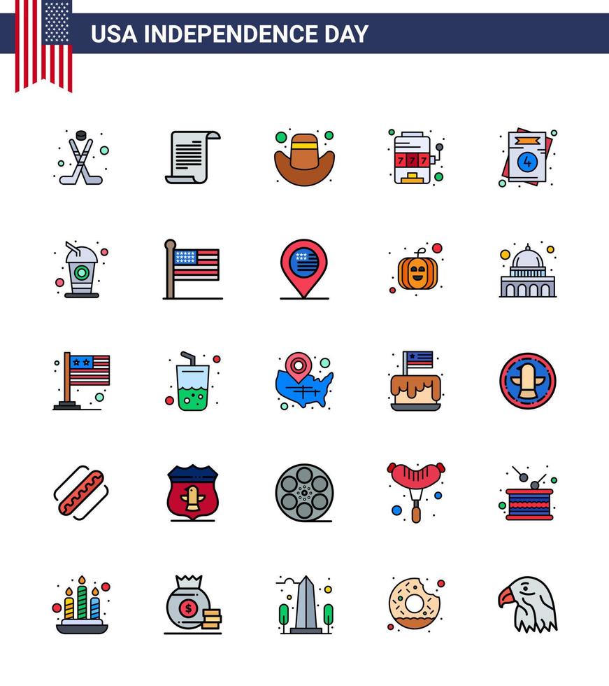 25 USA Flat Filled Line Signs Independence Day Celebration Symbols of usa invitation american game machine Editable USA Day Vector Design Elements