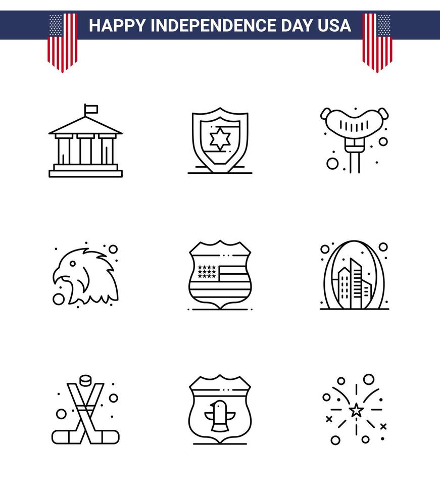 Set of 9 Modern Lines pack on USA Independence Day arch usa frankfurter sign eagle Editable USA Day Vector Design Elements