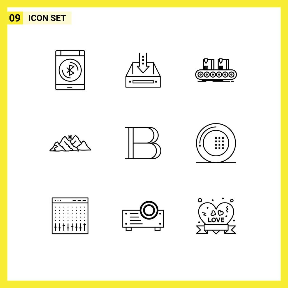 Pack of 9 Modern Outlines Signs and Symbols for Web Print Media such as hill mountain empty line conveyor Editable Vector Design Elements