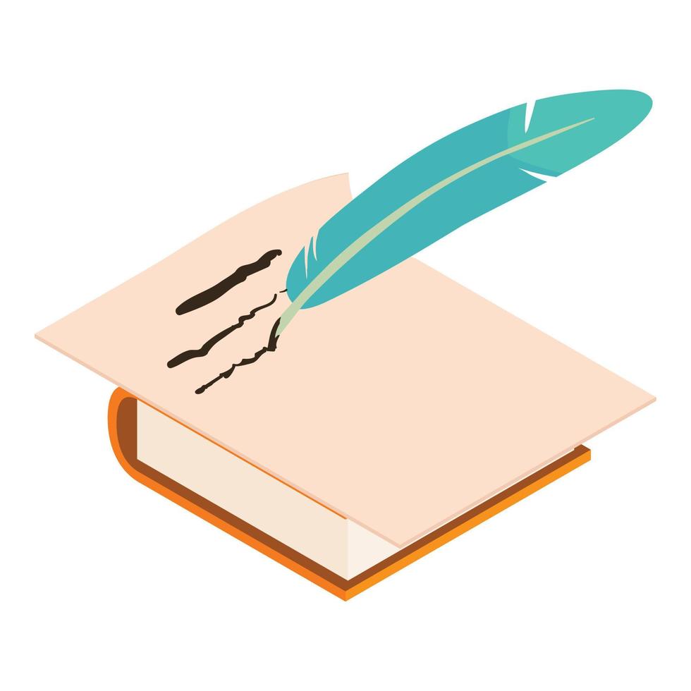 Feather writing icon isometric vector. Old feather write on paper sheet and book vector