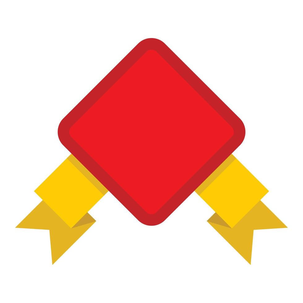 Red badge with yellow ribbons icon, flat style vector