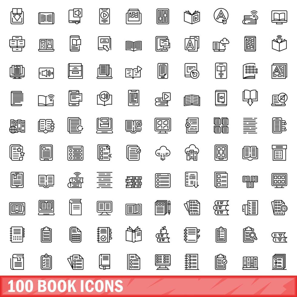 100 book icons set, outline style vector