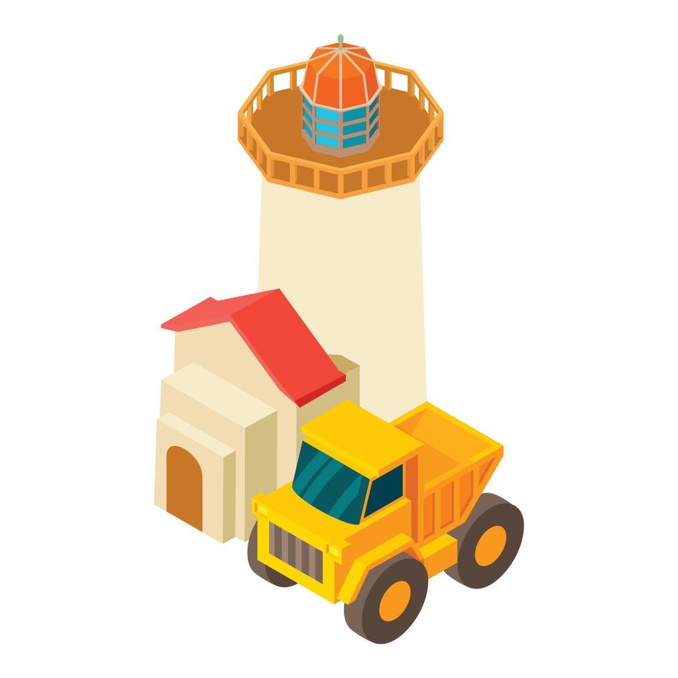 vector isométrico del icono del sitio de construcción. dumper industrial cerca del icono del faro