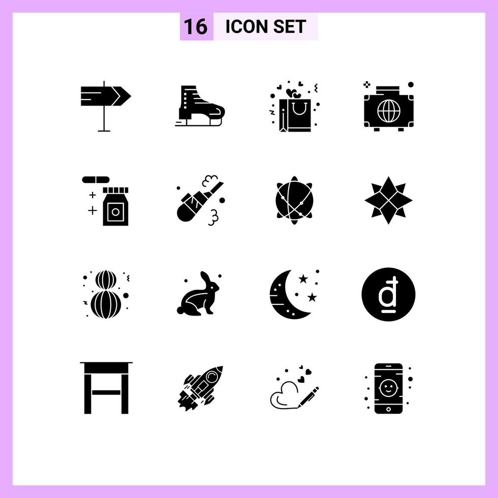 conjunto moderno de 16 glifos y símbolos sólidos, como elementos de diseño de vectores editables de bolsa internacional de tableta global