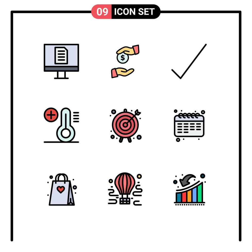 9 Thematic Vector Filledline Flat Colors and Editable Symbols of calendar target complete goal temperature Editable Vector Design Elements