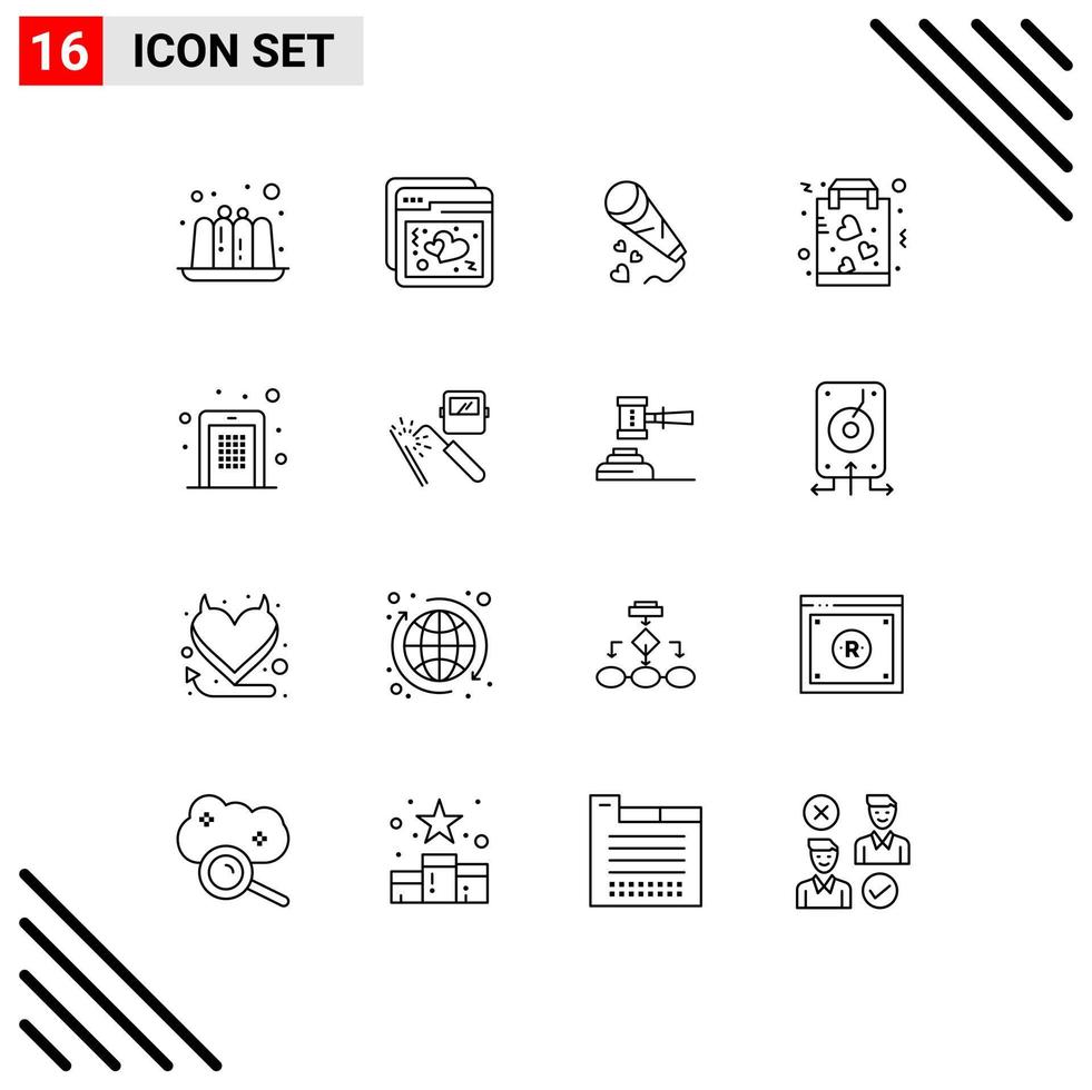 Pack of 16 Modern Outlines Signs and Symbols for Web Print Media such as access paper hearts love buy Editable Vector Design Elements