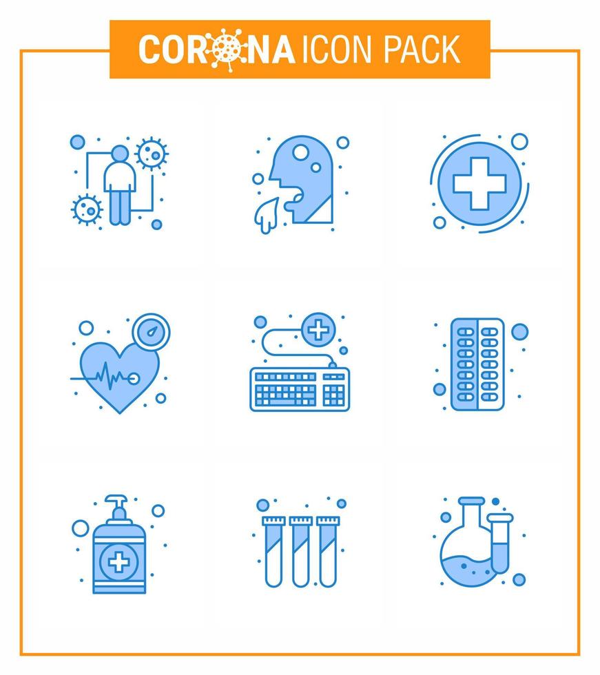 El ícono azul coronavirus 9 establecido sobre el tema de la epidemia de corona contiene íconos como el tiempo del corazón, el hombre venció a la atención médica, el coronavirus viral 2019nov, los elementos de diseño del vector de la enfermedad.
