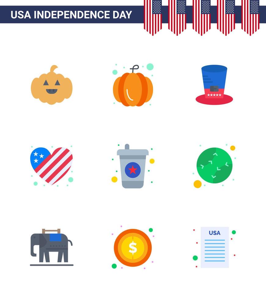 Happy Independence Day 9 Flats Icon Pack for Web and Print american drink presidents beverage heart Editable USA Day Vector Design Elements