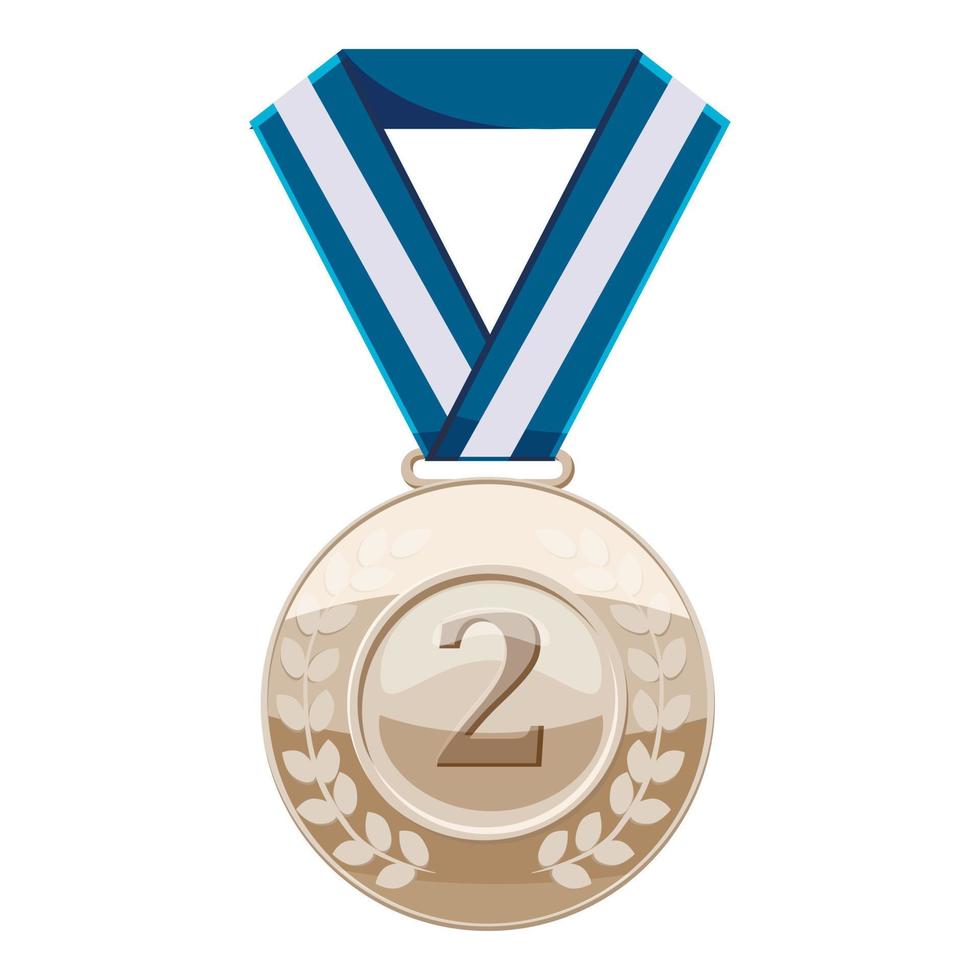 Silver medal with number two icon, cartoon style vector