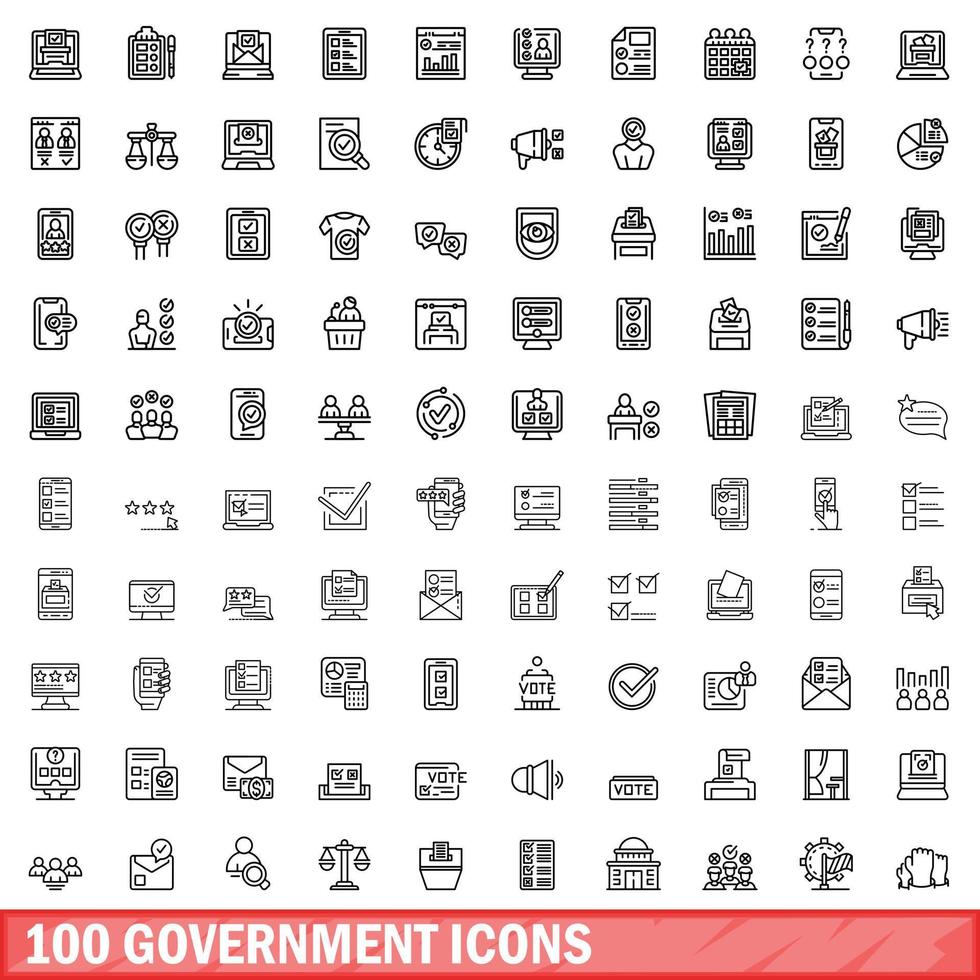 100 government icons set, outline style vector