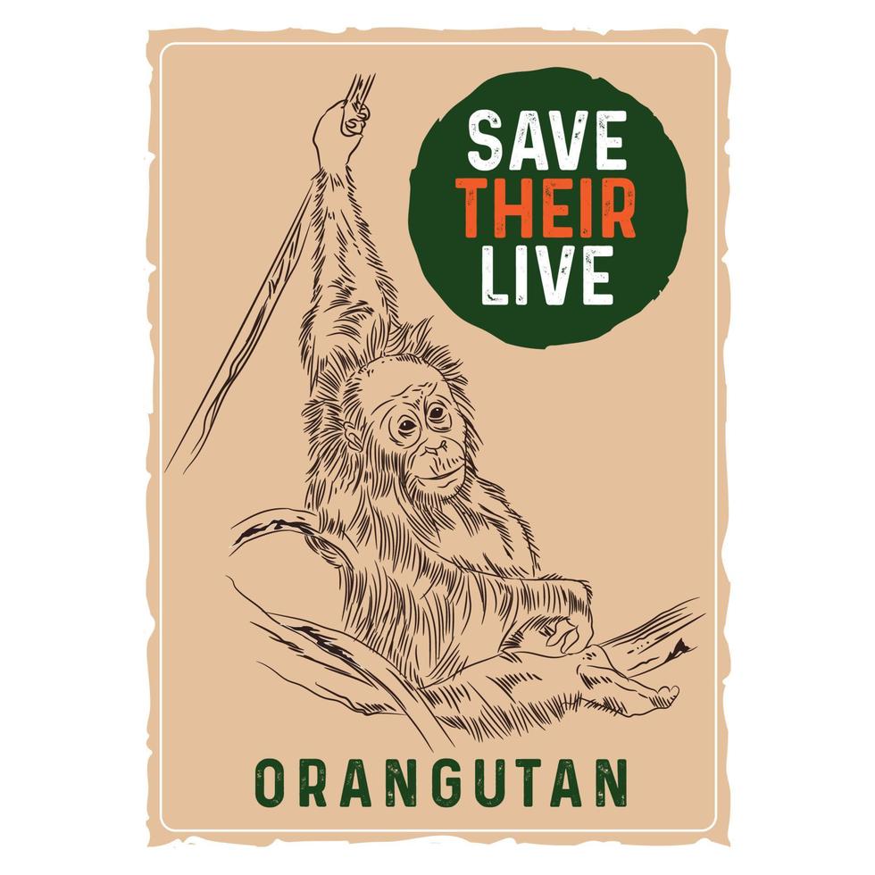 Ilustración de vector de orang utan en estilo dibujado a mano, perfecto para el diseño de carteles y diseño de camisetas