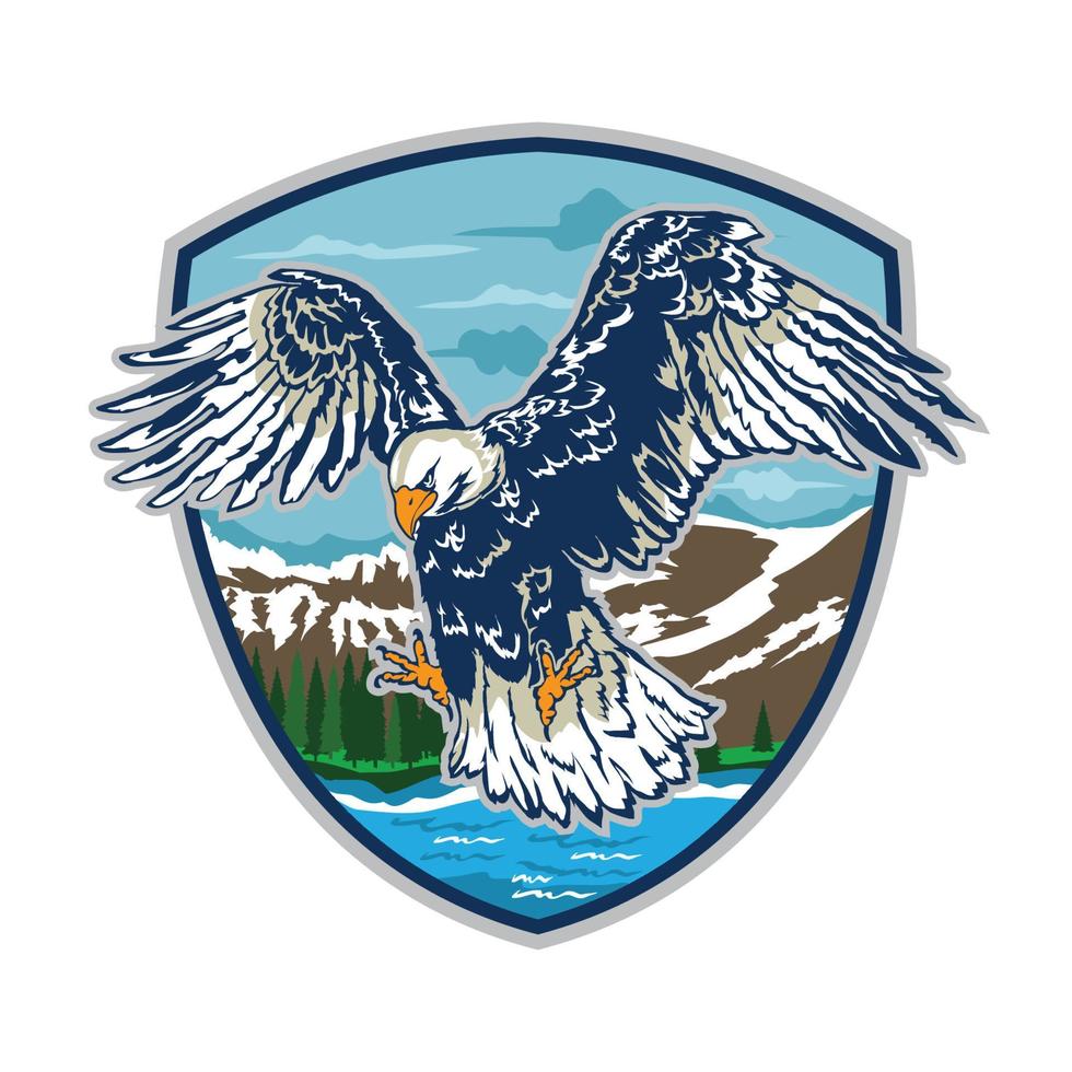 Bald Eagle flying vector illustration in vintage hand drawn style, perfect for tshirt design and brand logo