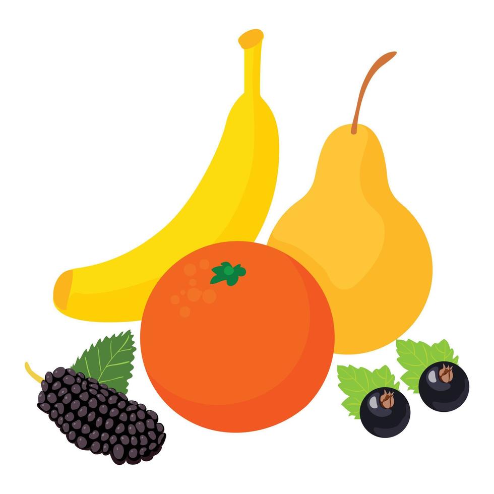 icono de comida saludable vector isométrico. plátano naranja pera fruta y baya negra