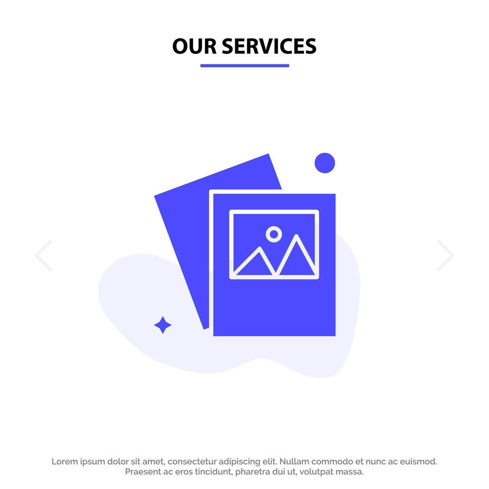 Our Services Gallery Image Photo Solid Glyph Icon Web card Template vector