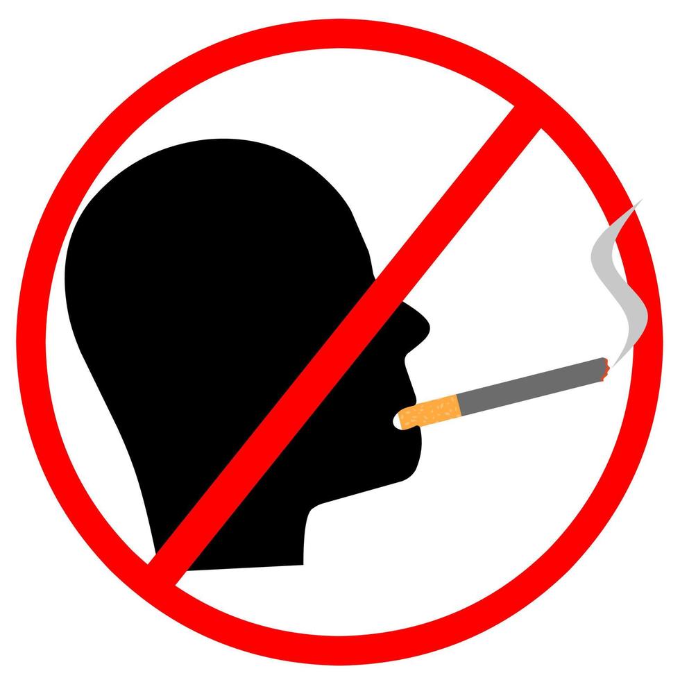 señal de no fumar sobre fondo blanco. ilustración de la cabeza del hombre fumador con humo y círculo rojo. adecuado para logotipos de salud, peligro de fumar y señales de prohibición. vector